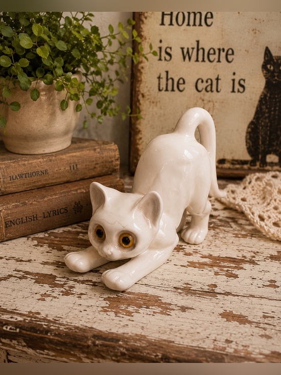 Vintage Other - Vintage White Ceramic Cat Figurine Amber Eyes Stretching Arched Back